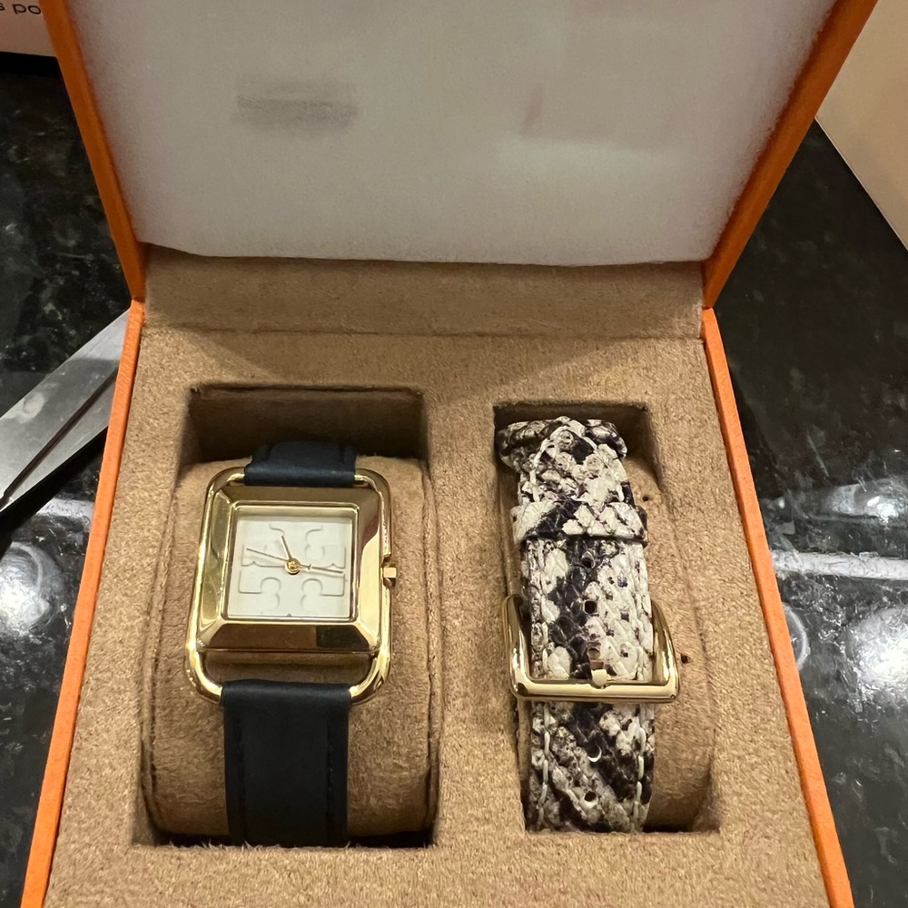 Brand New Tory Watch with 2 bands, navy and black and white multi